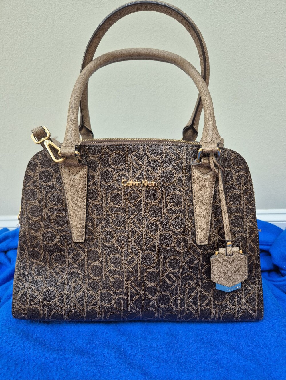 Calvin Klein Gabrianna Monogram Triple-Compartment Satchel Purse - Brown/Khaki